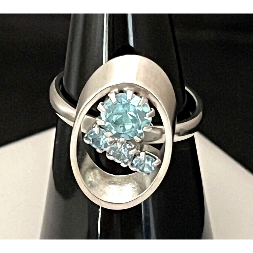 Vintage 1960s Ring Silver Tone Blue Rhinestone Mid Century Modern Geometric - 4J